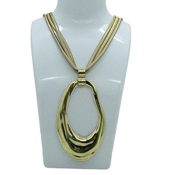 Chicos Multistrand Necklace Abstract Large Oval Pendant 40" Adjustable Gold Tone - Picture 1 of 9